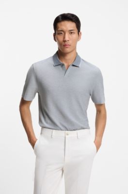 Cotton-silk polo shirt with three-tone structure, Light Blue