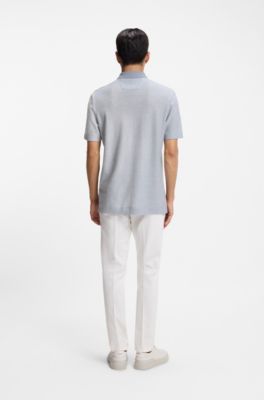 Cotton-silk polo shirt with three-tone structure, Light Blue
