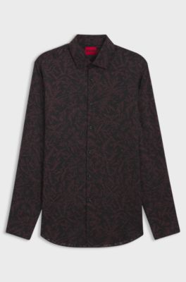 Slim-fit shirt in printed satin, Brown Patterned