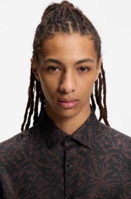 Slim-fit shirt in printed satin, Brown Patterned