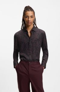 Slim-fit shirt in printed satin, Brown Patterned