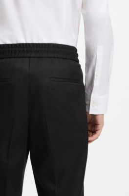 Slim-fit trousers in twill fabric with drawstring waist, Black