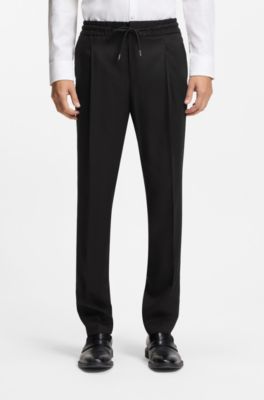 Slim-fit trousers in twill fabric with drawstring waist, Black