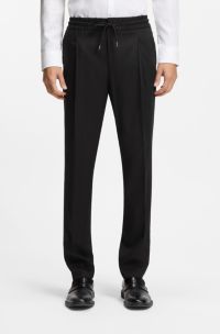 Slim-fit trousers in twill fabric with drawstring waist, Black