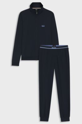 Trainingspak in loungestijl van stretchkatoen met logo&rsquo;s, Donkerblauw