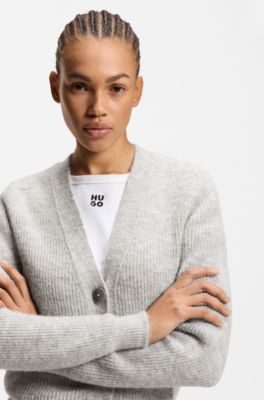 Relaxed-fit cardigan with stacked-logo embroidery, Light Grey