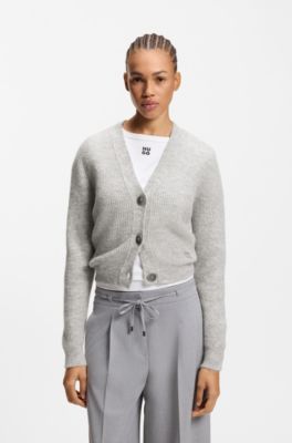 Relaxed-fit cardigan with stacked-logo embroidery, Light Grey