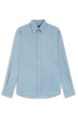 Camicia regular fit in denim di cotone italiano, Celeste