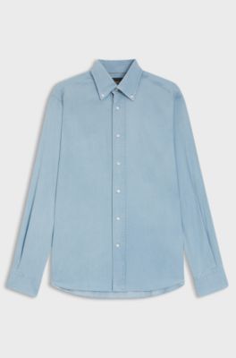 Camicia regular fit in denim di cotone italiano, Celeste