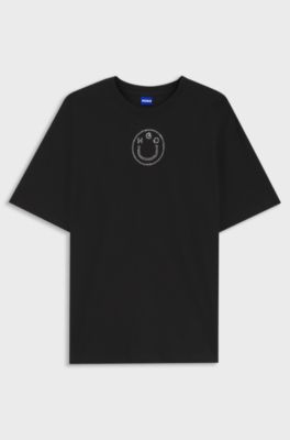 Oversized-fit cotton T-shirt with rhinestone Happy HUGO logo, Black