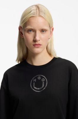 Oversized-fit katoenen T-shirt met Happy HUGO-logo in strassteentjes, Zwart