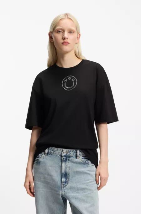 T-shirt Oversize en coton avec logo Happy HUGO à strass