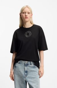 Oversized T-Shirt aus Baumwolle mit Happy HUGO Logo aus Strass, Schwarz