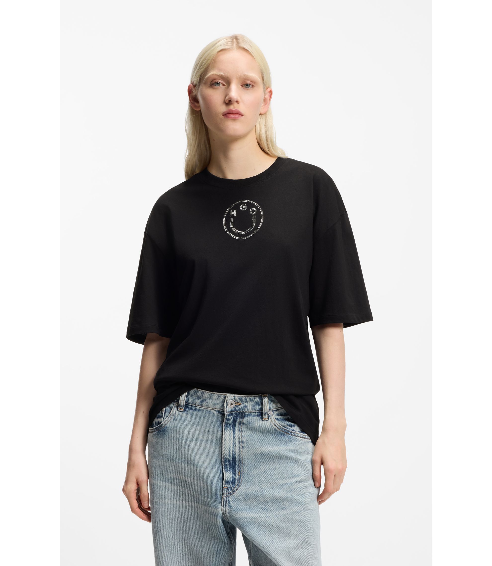 Oversized T-Shirt aus Baumwolle mit Happy HUGO Logo aus Strass