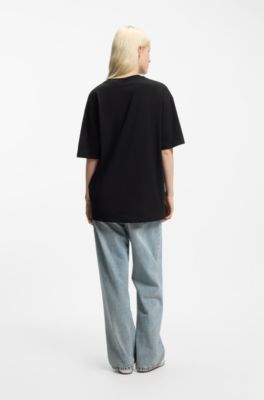 Oversized-fit cotton T-shirt with rhinestone Happy HUGO logo, Black