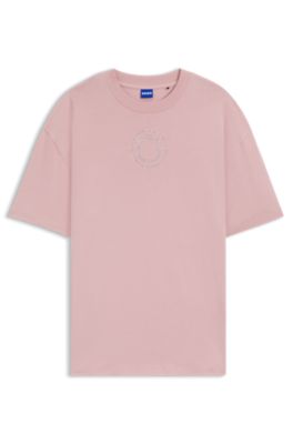Oversized-fit cotton T-shirt with rhinestone Happy HUGO logo, light pink