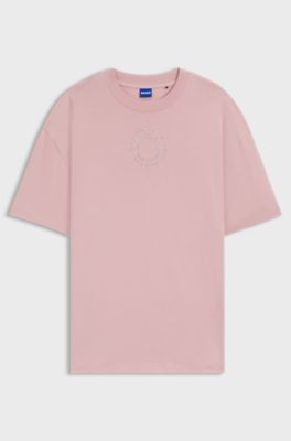Oversized-fit cotton T-shirt with rhinestone Happy HUGO logo, light pink