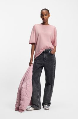 T-shirt oversize in cotone con logo con strass Happy HUGO, Rosa chiaro
