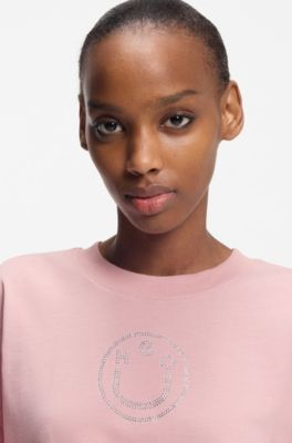 Oversized-fit cotton T-shirt with rhinestone Happy HUGO logo, light pink