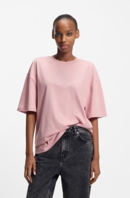 Oversized T-Shirt aus Baumwolle mit Happy HUGO Logo aus Strass, Hellrosa