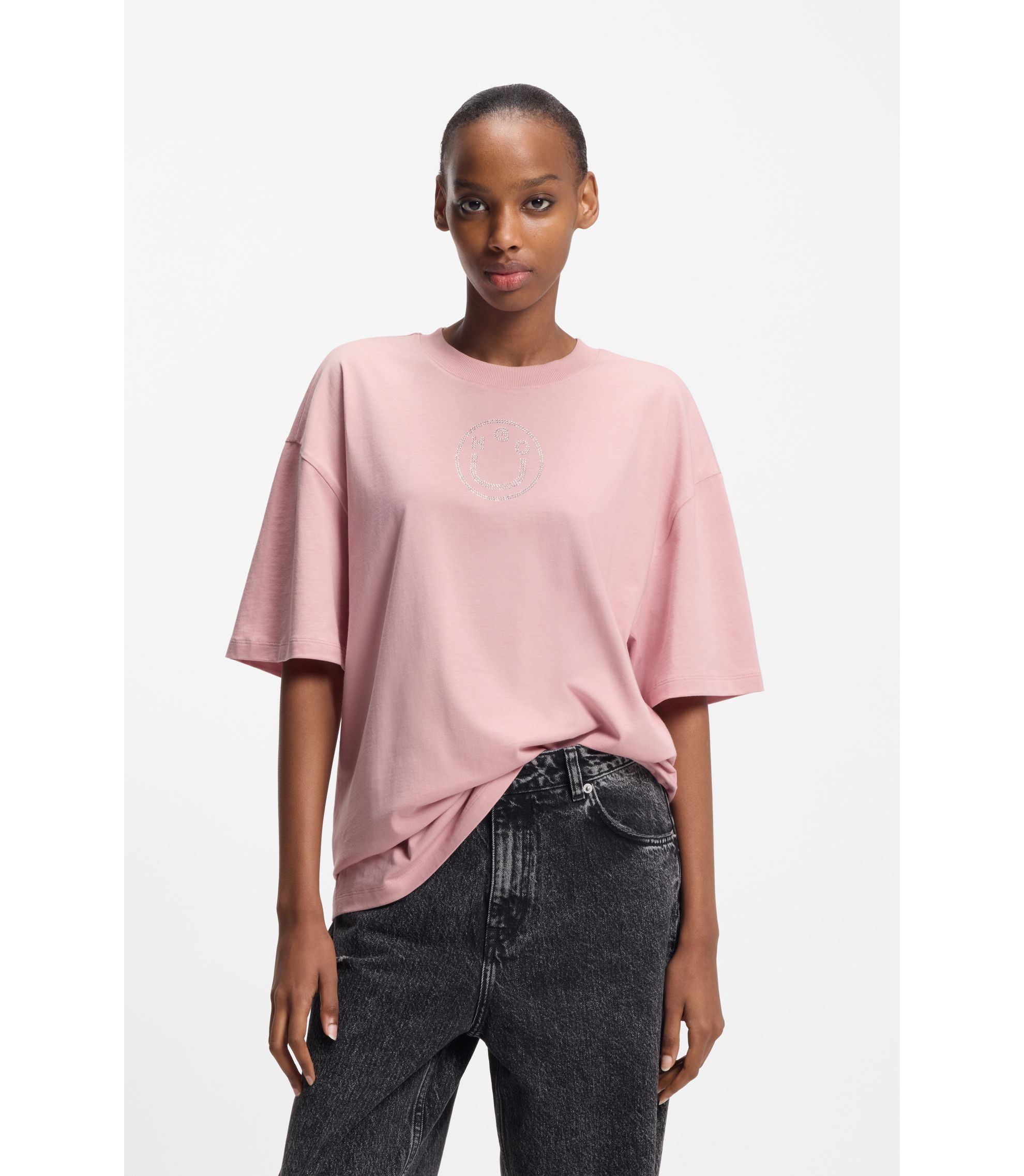 Oversized T-Shirt aus Baumwolle mit Happy HUGO Logo aus Strass