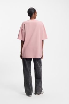 Oversized-fit cotton T-shirt with rhinestone Happy HUGO logo, light pink