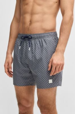 Printed swim shorts with logo badge, Blue