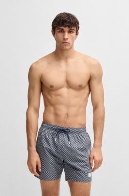 Printed swim shorts with logo badge, Blue