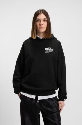 Sudadera de felpa de algod&oacute;n con capucha e ilustraci&oacute;n disco, Negro
