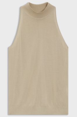Knitted mock-neck top in superfine yarn, Beige