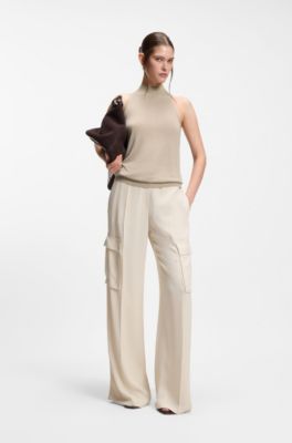 Knitted mock-neck top in superfine yarn, Beige