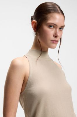 Knitted mock-neck top in superfine yarn, Beige