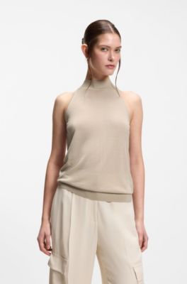 Top lavorato a maglia con collo a lupetto in filato superfine, Beige