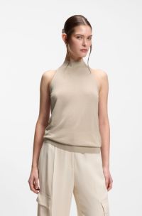 Knitted mock-neck top in superfine yarn, Beige