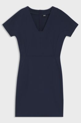 Slim-fit dress with piped waist, Dark Blue