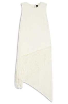 Crepe dress with fringe trim, White