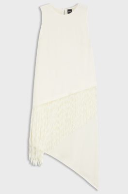 Crepe dress with fringe trim, Natural