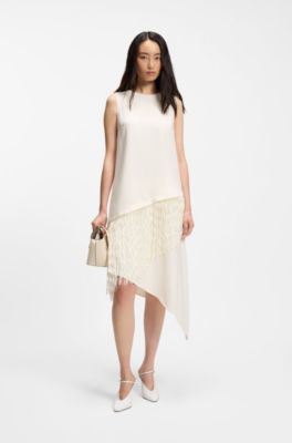 Crepe dress with fringe trim, Natural