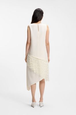 Crepe dress with fringe trim, Natural