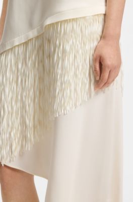 Crepe dress with fringe trim, Natural