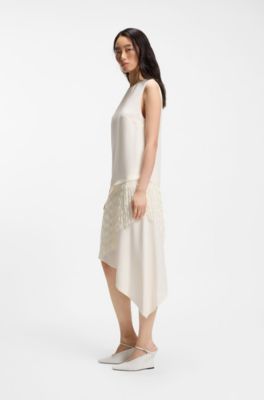 Crepe dress with fringe trim, Natural