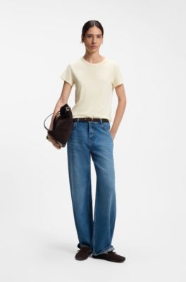 Slim-fit T-shirt in cotton-silk blend with embroidered logo, Natural