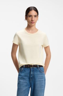 Slim-fit T-shirt in cotton-silk blend with embroidered logo, Light Yellow