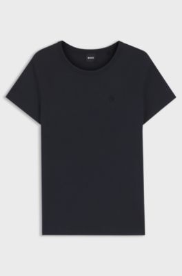 T-shirt Slim en m&eacute;lange de coton et de soie &agrave; logo brod&eacute;, Bleu fonc&eacute;
