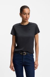 T-shirt dal taglio aderente in misto cotone e seta con ricamo del logo, Blu scuro