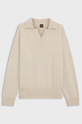 Virgin-wool sweater with Johnny collar, Natural