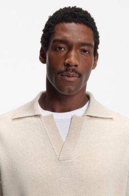 Virgin-wool sweater with Johnny collar, Natural
