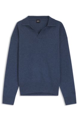 Virgin-wool sweater with Johnny collar, Dark Blue