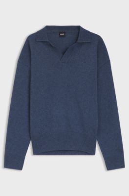 Trui van scheerwol met Johnny-kraag, Donkerblauw