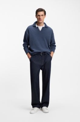 Virgin-wool sweater with Johnny collar, Dark Blue